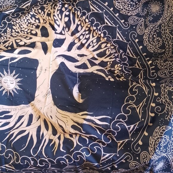 TREE OF LIFE, NEW TAPESTRY Sun Moon H 53" x W 60", Beige on Black - Picture 3 of 11